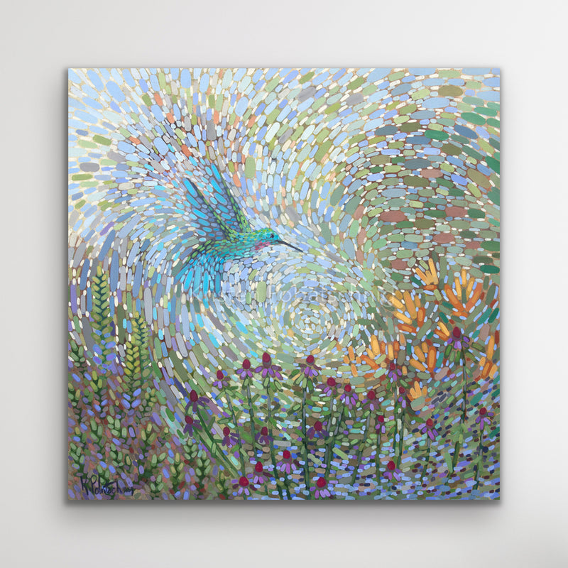 Hummingbird in flowers painting
