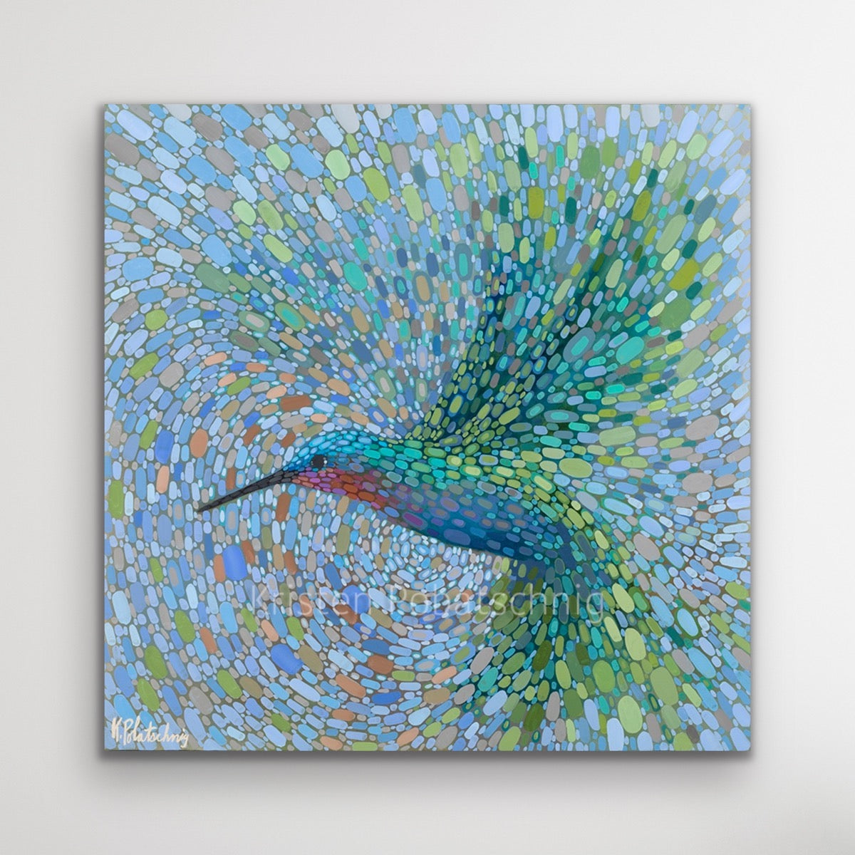 Colorful mosaic art of a hummingbird on a light gray background